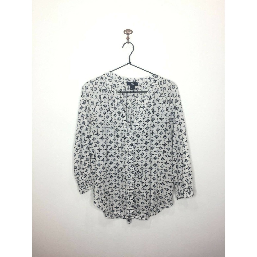 Paige White Blue Printed 3/4 Sleeve Button Up Blouse Cotton Boho Women's XS